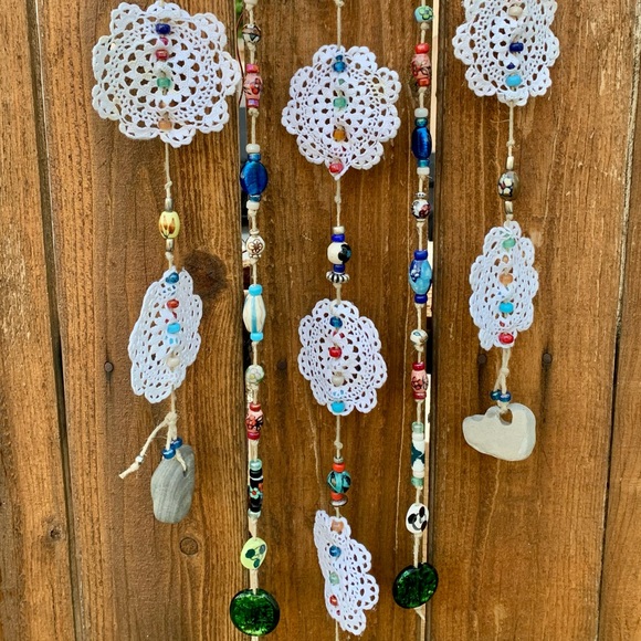 Driftwood Crochet Boho Flowers Of Life Glass Beads Sea Rocks Window Wall Decor - Picture 10 of 15